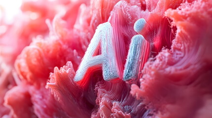 3D text "AI" in digital artwork background with vibrant colors and intricate details 3D rendering, close-up, macro photography.