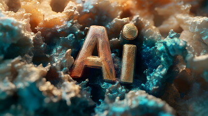 3D text "AI" in digital artwork background with vibrant colors and intricate details 3D rendering, close-up, macro photography.