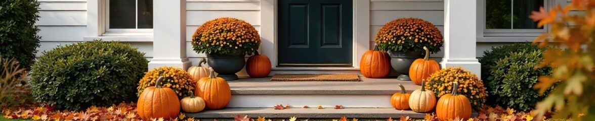 A charming front porch decorated for autumn with pumpkins, fall foliage, and welcoming seasonal decor  Perfect for fall home decor blogs and websites , welcome, golden