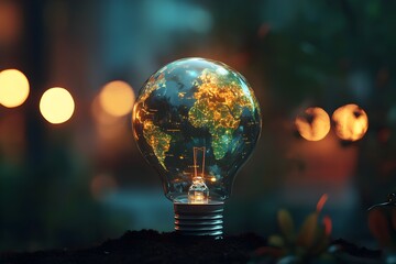 Environmental protection, renewable energy and sustainable energy sources. The green world map is on a light bulb that represents green energy Renewable energy that is important to the world