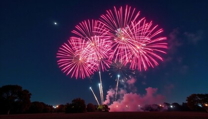 Vibrant fireworks explode in the night sky, illuminating the darkness with bright colors , holiday, summer, glitter