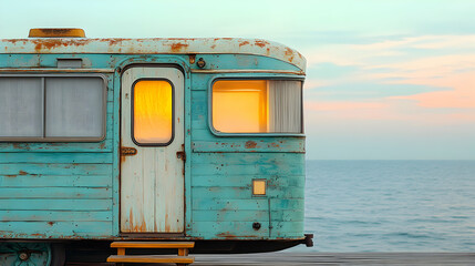 Vintage trailer home overlooking the ocean under a tranquil sky during sunset