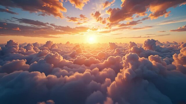 Glorious sunrise above fluffy clouds in golden sky, peaceful aerial view from plane window showing beauty of morning sky and soft clouds.