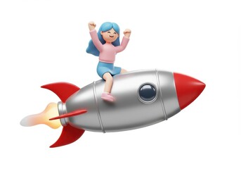 Fototapeta premium 3D Illustration of Cartoon girl riding a silver and red rocket isolated on white background