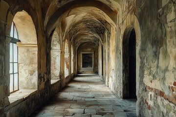 Obraz premium Exploring the ancient corridor of a historic castle with worn stone walls and arched windows revealing glimpses of light