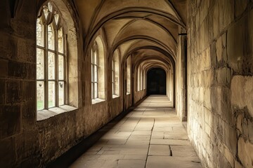 Fototapeta premium Exploring the ancient corridor of a historic castle with stone walls and arched windows illuminated by soft natural light