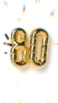 Number 80 Moving Gold Balloon Text and Falling Soft Focus Confetti With Aberration Effect. White background. 80th Anniversary Concept. 3d Rendering Looped Vertical Animation.