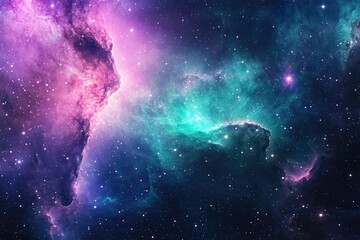 Vibrant cosmic canvas showcasing green, blue, and pink gas clouds illuminated by distant stars in a vast universe