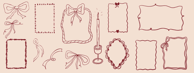Whimsical frame with bow and curly line. Elegant frame vintage coquette style. Whimsical vintage french outline design.