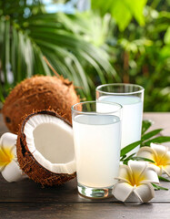 Fresh coconut water served in a cracked shell beside tropical flowers on a table.