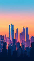 Fototapeta premium Colorful skyline at sunset with tall buildings and vibrant hues. Urban and architecture innovative buildings concept.