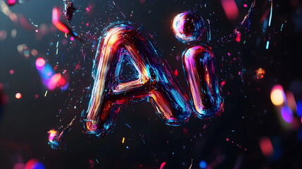 3D text "AI" in digital artwork background with vibrant colors and intricate details 3D rendering, close-up, macro photography.