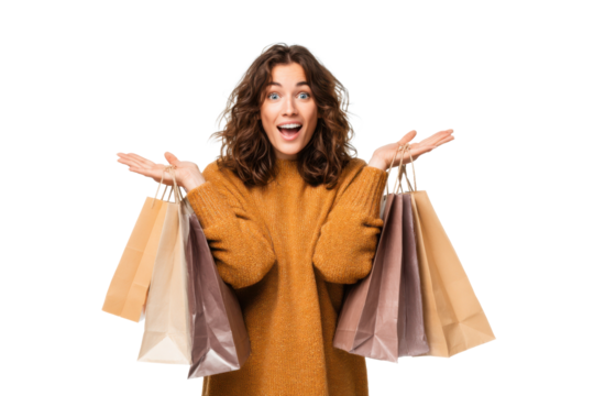 Trendy Shopper Holding Bags – White Background Removed