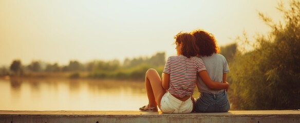 The beautiful sunset moment shared by two friends by the river.