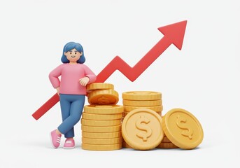 3D Illustration of Cartoon woman leaning on stacks of coins with upward trending arrow
