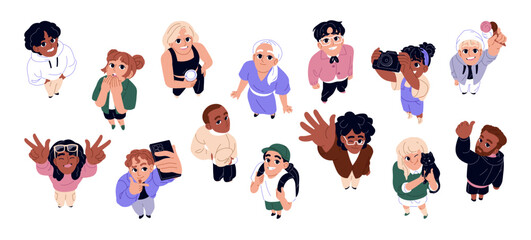 Happy people look up set. Smiling men and women hand gesturing, greeting, waving, take photo and selfie top view. Above of crowd with joyful face. Flat isolated vector illustration on white background