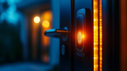 Smart door lock illuminated at night with blurred background lights.