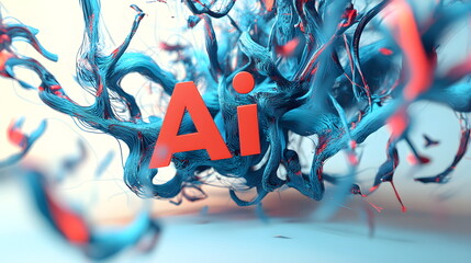 3D text "AI" in digital modern artwork background with vibrant colors and intricate details 3D rendering, close-up, macro photography. Innovation concept.