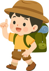 Boy Hiking with Backpack and Hat cartoon