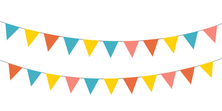 Colorful bunting flags on string for birthday party decoration, holiday anniversary fabric garland design, modern festive hanging decor. Isolated. Vector illustration.