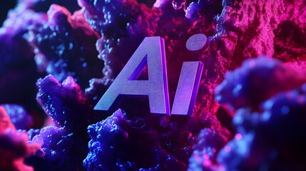 3D text "AI" in digital modern artwork background with vibrant colors and intricate details 3D rendering, close-up, macro photography. Innovation concept.