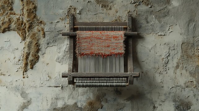 A rustic loom with woven material displayed on a weathered wall.