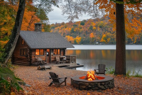 Cozy log cabin overlooking a tranquil lake surrounded by stunning fall foliage and a warm fire pit in the evening