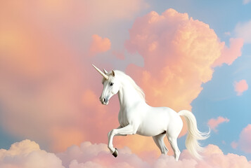 Beautiful white unicorn in clouds sky portrait, Generative AI