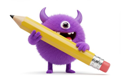 3D Illustration of Purple furry monster holding a large yellow pencil isolated on white background