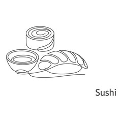 A single line drawing capturing the essence of sushi with sauce and roll on a light gray background
