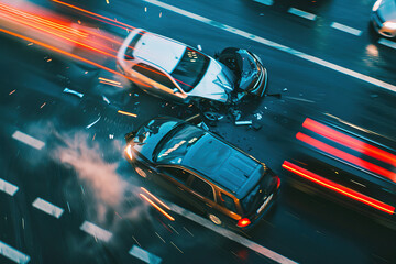Collision of vehicles involved in major accident on city road with major damage, abstract vivid composition consists of fictional unreal fantastic vision on background