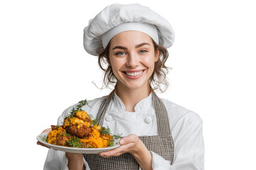 Woman Chef Presenting Dish on Transparent Background