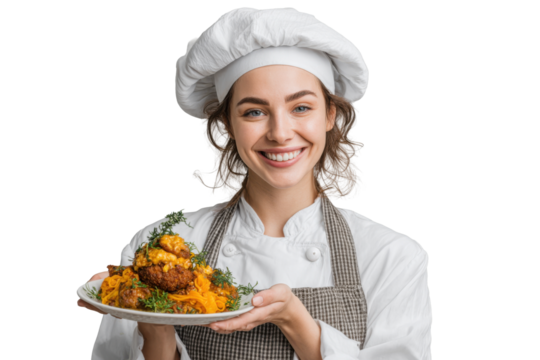 Woman Chef Presenting Dish on Transparent Background