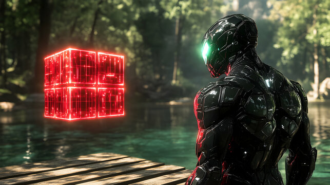 Futuristic figure contemplates glowing cube in serene natural environment