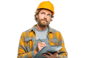 Male Construction Worker with Helmet and Clipboard – PNG