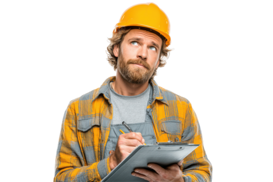 Male Construction Worker with Helmet and Clipboard – PNG - Powered by Adobe
