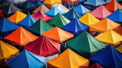 A vibrant display of colorful tents arranged at a bustling campsite.