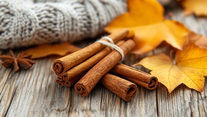 Autumn Cinnamon Sticks on Wood.