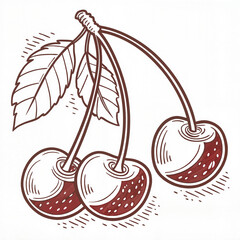 Cherries with stems in pencil line art style in black and white representing natural simplicity and botanical elegance