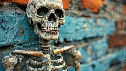 A posed skeleton holds a gardening tool, mixing humor and macabre aesthetics in a playful scene.
