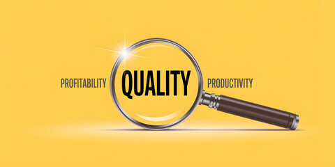 Minimalist Business Concept with Magnifying Glass Highlighting 'Quality' on Bright Yellow Background