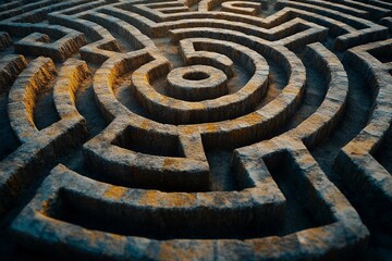 Intricate stone labyrinth nestled among greenery invites exploration and curiosity on a sunny day