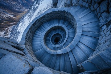 Endless spiral staircase viewed from above, showcasing a mesmerizing architectural design in a historic building