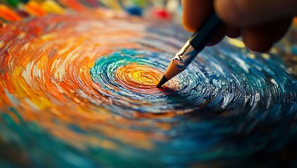 Artist hand painting vibrant swirl.