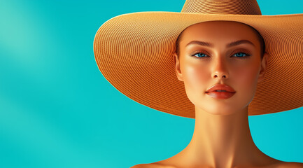 Stylish woman in wide-brim hat against vibrant background, perfect for fashion, travel, and luxury lifestyle visuals