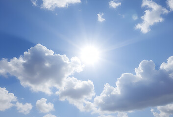 Fluffy white cumulus clouds drift across a bright blue summer sky, creating a beautiful and sunny day, Generative AI