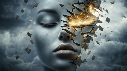 Surreal image of woman's face cracking with debris flying, perfect for mental health, stress, or fantasy concept visuals