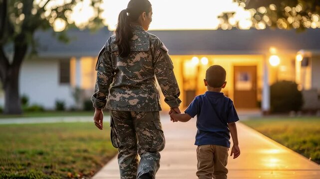 Social Worker Holding Child's Hand Toward Shelter at Dusk. child protection theme 

