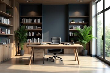 A modern, minimalist lawyer office interior Desk, chairs, bookshelves, plants , modern, office interior