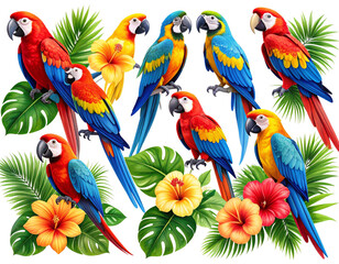 Vibrant Tropical Parrots with Exotic Flowers and Leaves, Transparent PNG Clipart